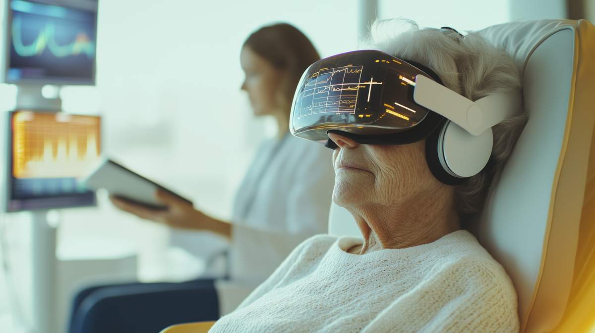 Une personne âgée utilisant un casque de réalité augmentée dans une clinique médicale