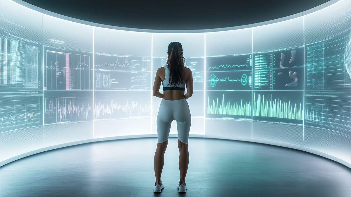 Représentation futuristique d'une femme entourée d'un écran géant indiquant ses signes vitaux